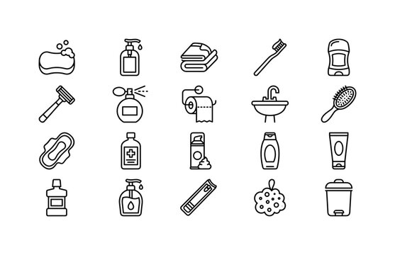 Hygiene Care Products, line icon set featuring soap, sanitizer, towel, toothbrush, deodorant, razor, perfume, tissue roll, wash basin, hairbrush, sanitary pad and antiseptic bottle, covering