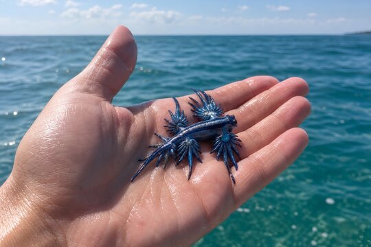 Detailed shot of a human hand holding a live glaucus atlanticus sea slug, displaying its stunning blue colors and delicate pelagic nudibranch body on a sandy shore