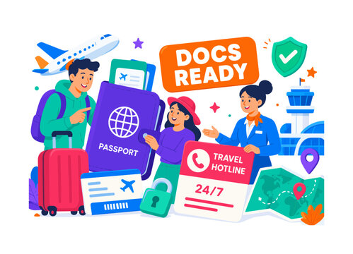 Traveler Document Safety banner showing 2 travelers and one airport helper checking one oversized passport wallet and one giant hotline card, suitcase, boarding pass, lock, shield, travel map and