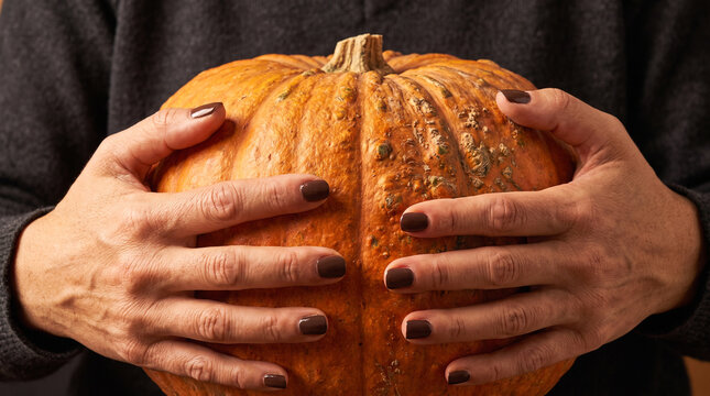 Person holding a fresh orange pumpkin in their hands for a festive autumn holiday celebration
