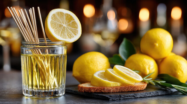 Bamboo cocktail picks in glass jar with lemons on bar counter for drink garnishing