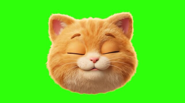 A charming 3D render of a fluffy ginger cat face, eyes closed, pouting its mouth as if sending a kiss, isolated on a bright chroma key green background. Perfect for romantic or friendly video overlays