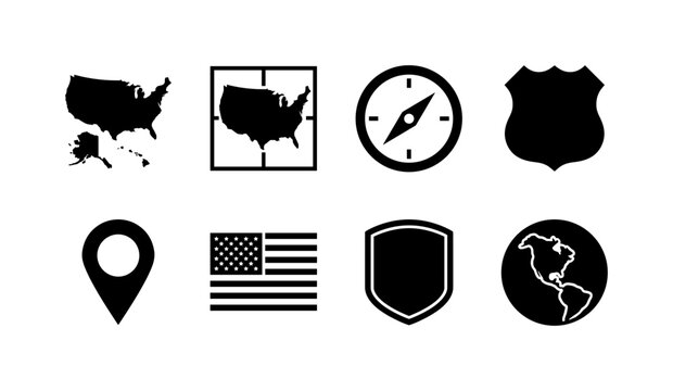 USA Geography Symbols, solid glyph icon set featuring United States map, state grid, compass, route marker, travel pin, flag and geographic badge, covering American geography, travel, education,