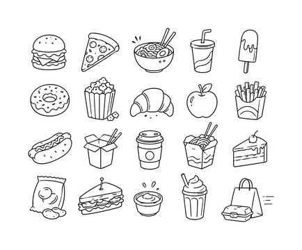 Fast Food Snack Doodles, line icon set, 20 clean outline icons including burger, pizza slice, ramen bowl, soda cup, popsicle, donut, popcorn box, croissant, apple, fries, hot dog, takeaway box, coffee