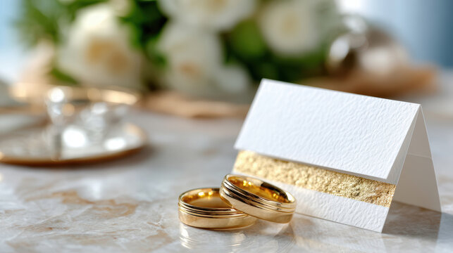 Luxury table setting closeup with gold wedding bands beside textured place card and blurred floral centerpiece for seating arrangement, escort card mockup and reception styling inspiration