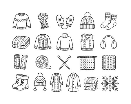 Cozy Winter Knitwear, line icon set with 20 clean outline icons featuring wool sweater, knitted scarf, mittens, beanie, warm socks, knitted blanket, cardigan, turtleneck, wool vest, ear warmers, leg