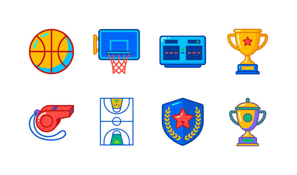 Basketball Sport Icons, bright flat vector icon set featuring basketball, hoop, scoreboard, trophy, whistle, court marker, team badge and tournament cup, covering basketball, sports competitions and