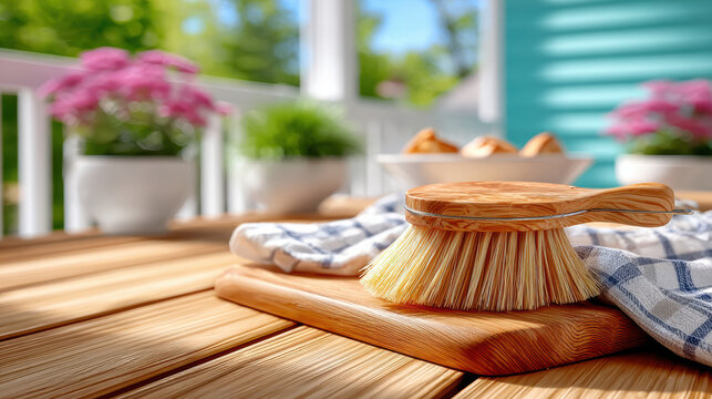 Natural fiber scrub brush on wooden deck with cutting board, cloth and potted plants for labor day cookout patio cleaning and outdoor prep messaging