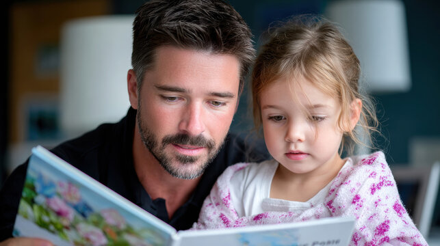 Father reading storybook with young daughter on couch in cozy evening scene for family lifestyle background and parenting concept