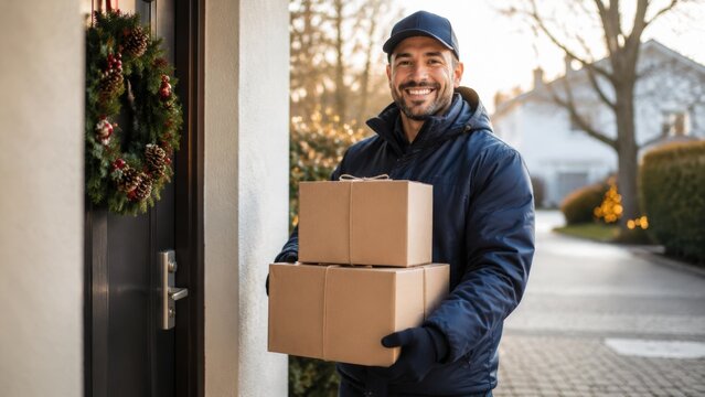 Christmas Gift Delivery Worker Carrying Holiday Packages to a Home