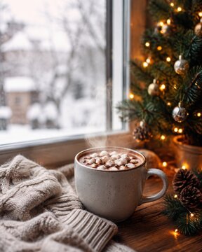 Cozy Christmas Hot Cocoa with Knitted Sweater and Festive Lights