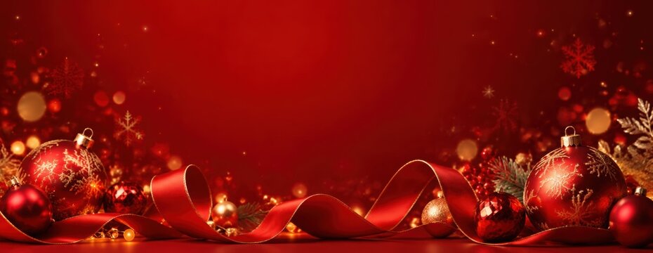 Elegant Red Christmas Banner with Ornaments and Golden Lights