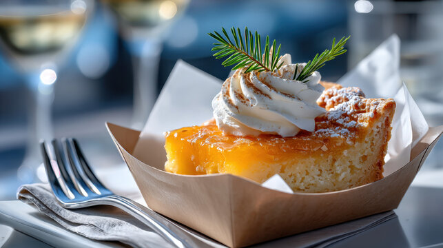 Pumpkin pie takeaway slice in kraft triangle carton with cream and garnish