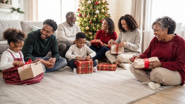 Happy Multigenerational Family Opening Gifts on Christmas Morning