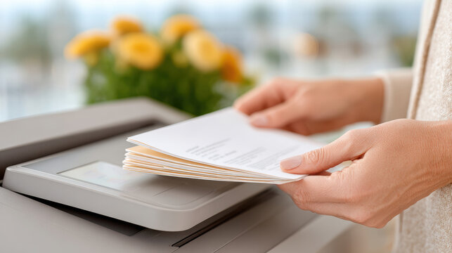 Hands placing printed pages into a self service printer tray for office and travel document printing background and workflow banner