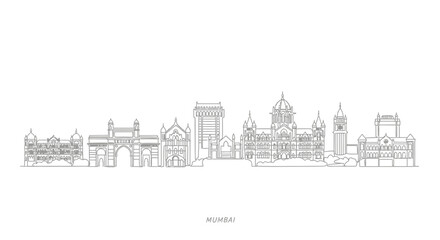 Naklejka premium Mumbai Skyline Silhouette: Iconic Indian Architecture, Travel Landmark, Line Art