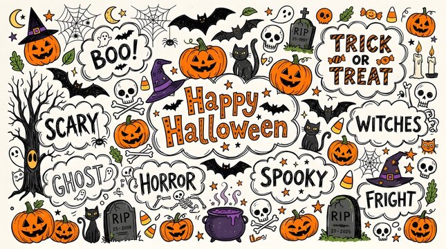 Festive hand drawn doodle pattern featuring pumpkins bats and spooky elements for a fun halloween holiday background