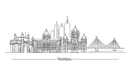 Naklejka premium Mumbai Skyline Silhouette, Iconic Landmarks, India - Transparent Background