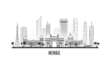 Naklejka premium Mumbai Skyline Silhouette, India Landmarks, Vector Illustration, Modern Cityscape