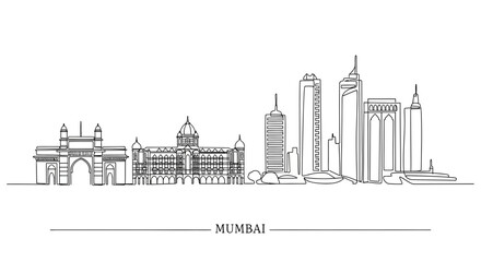 Obraz premium Mumbai Skyline, Iconic Landmarks, Cityscape, India, Single Line Drawing