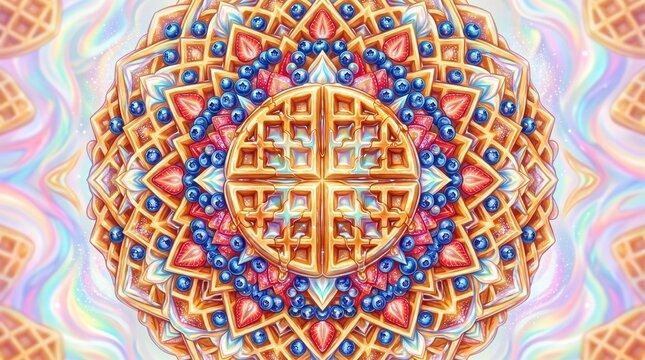 Colorful waffle mandala with strawberries and blueberries arranged in symmetrical fantasy pattern for creative National Waffle Day celebration in USA
