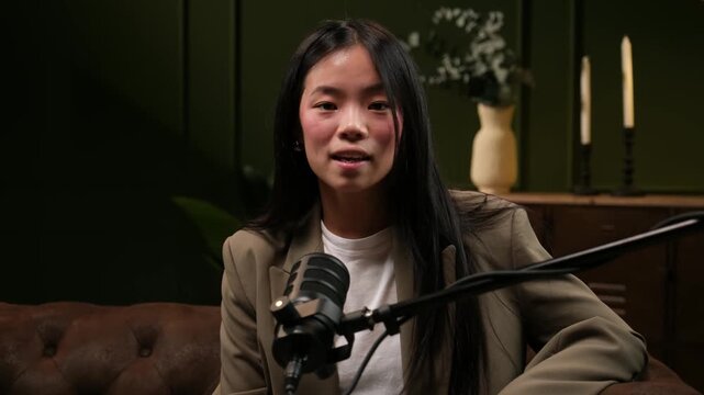 Female podcaster recording an audio show in a professional studio setup