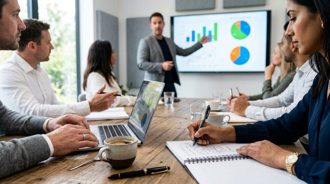 Business meeting: Diverse team listens to presentation with charts on screen