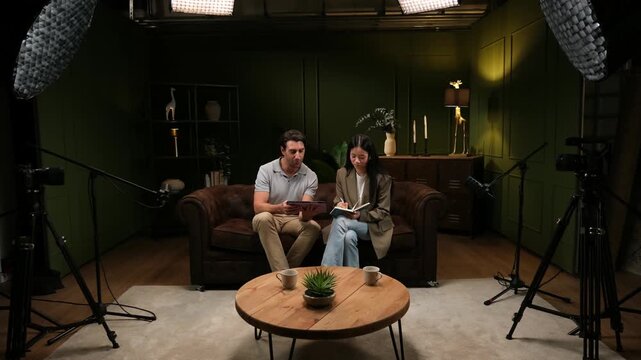 Man and woman hosting a live talk show while filming an interview for their social media channel