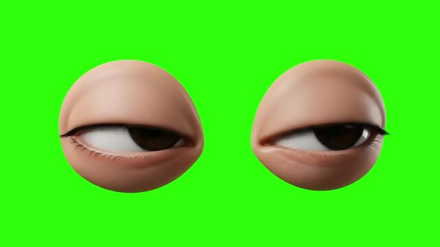 A close-up 3D render of cartoon eyes with heavy eyelids glancing suspiciously to the side against a chroma key green background. Ideal for humorous reaction clips, mistrust concepts, and video composi