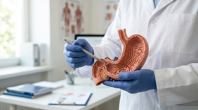 Doctor Explains Stomach Anatomy Model, Medical Education, Digestive System