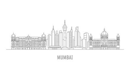 Naklejka premium Mumbai Skyline Vector Silhouette, India Cityscape, Landmark Line Art