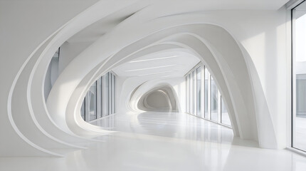Fototapeta premium Modern futuristic white interior hallway with sweeping organic curves and large glass interior corridor futuristic architecture minimalist building