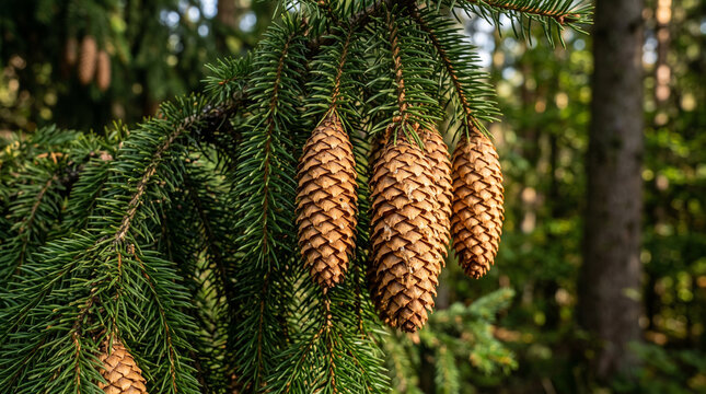 Three brown pine cones hanging on a green spruce tree branch in a sunny forest