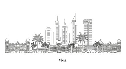 Naklejka premium Mumbai Skyline Line Drawing Silhouette Isolated on White Background