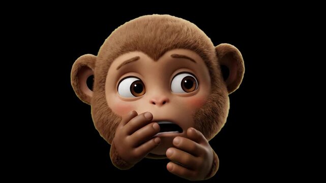 A vivid 3D render of a cute brown monkey mascot looking surprised and covering its mouth with both hands, isolated against a solid dark black background. Perfect for high-contrast reaction assets, soc
