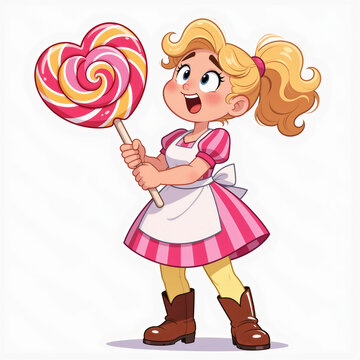 A cartoon woman candy maker with a giant lollipop looks up in amazement on a white background.