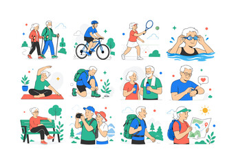 Fototapeta premium Active Seniors Lifestyle. Healthy aging, couples, walking poles, cycling, tennis, swimming, yoga, hiking, hydration, fitness tracking, parks, photography, backpacks, and outdoor planning. 12