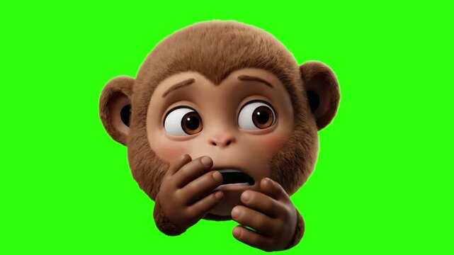A charming 3D cartoon rendering of a furry monkey character covering its mouth with both hands in shock or surprise, isolated on a chroma key green background. Excellent for video overlays, kids' anim