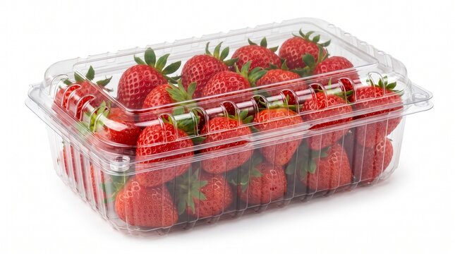 A clear plastic container filled with fresh ripe red strawberries isolated on a clean white background