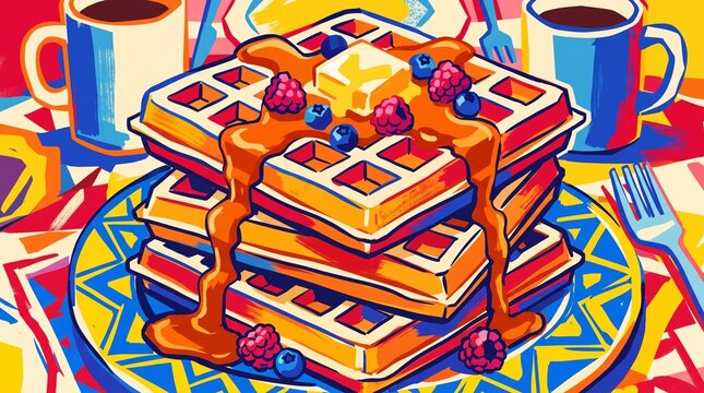 Bold colorful illustration of stacked waffles with maple syrup, butter, mixed berries and coffee for festive National Waffle Day celebration in USA