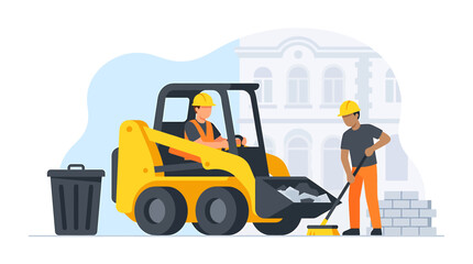Naklejka premium Construction Workers Using Skid Steer Loader for Site Cleanup