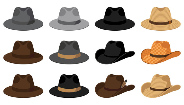 Classic men hat vector icon set featuring stylish fedoras cowboy hats panama straws and trilby headwear illustrations