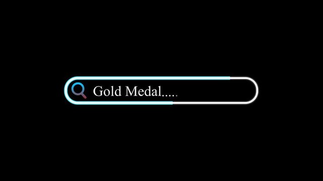Futuristic and Award Recognition Graphic 4k animation. A Neon Search Bar Animated Featuring Gold Medal Text on Black Background, Glowing Magnifying Glass, Digital Achievement Search Concept video, 