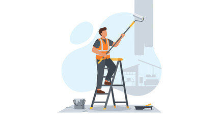 Fototapeta premium Painter Standing on Ladder Painting Wall in Modern Minimalist Interior
