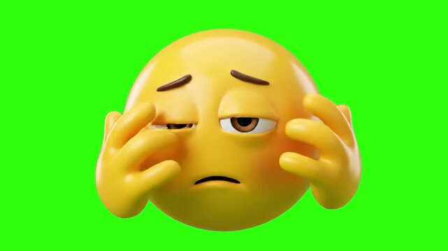 A detailed 3D render of a glossy yellow emoji face cowering in fear, holding its hands up to cover its face and peeking through anxiously, isolated on a bright chroma key green background. Perfect for