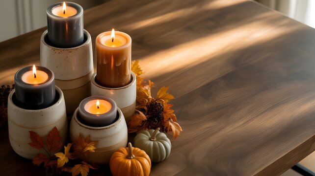 Cozy autumn decor with candles pumpkins and fall leaves arrangement