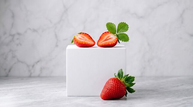 Fresh red strawberry halves and a whole strawberry displayed on a white square pedestal against marble background