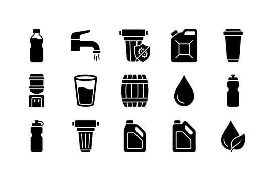 Clean Water Systems, solid glyph icon set featuring water bottle, faucet, antibacterial filter, refill container, water cooler, drinking glass, barrel, droplet, reusable bottle, purification