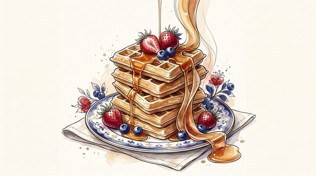 Watercolor stack of golden waffles with flowing maple syrup, strawberries and blueberries for elegant National Waffle Day breakfast celebration in USA