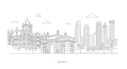 Naklejka premium Mumbai Skyline Line Art: Gateway of India and Modern Towers